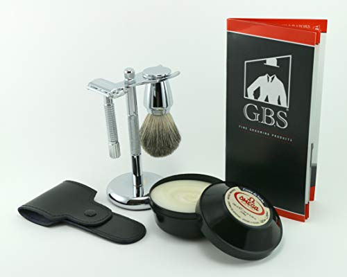 GBS Men s Wet Shaving Holiday Kit - Classy Butterfly Non Slip Knurled DE Safety Razor w Case 100 ML Omega Shaving Cream Pure Badger Shave Brush, Razor & Brush Stand + DE Blades - Gift Set
