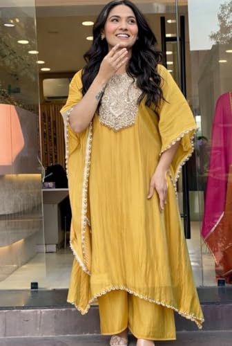Image of GoSriKi Fendy Glass Embroidered A-Line Kurta with Palazzo for Women | Fendy Glass Grey | Kaftan Sleeve | Round Neck | Ethnic Wear Casual Wear