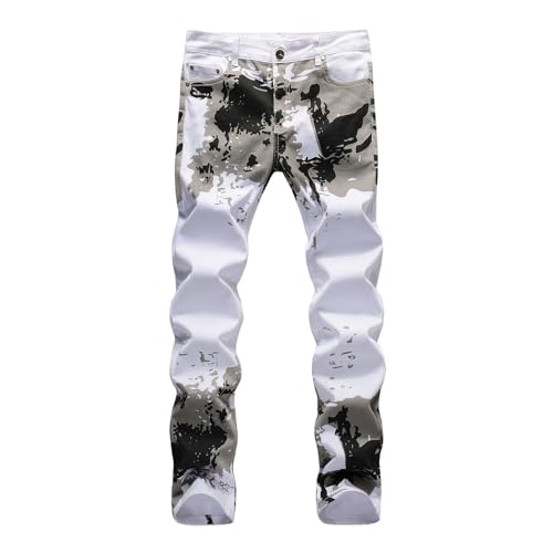 Generico Vaqueros de hombre Slim Fit Pantalones casuales elásticos con salpicaduras de tinta estilo urbano y streetwear Y2K Jeans Slim Cintura baja y tejido elástico Piernas estrechas al dobladillo