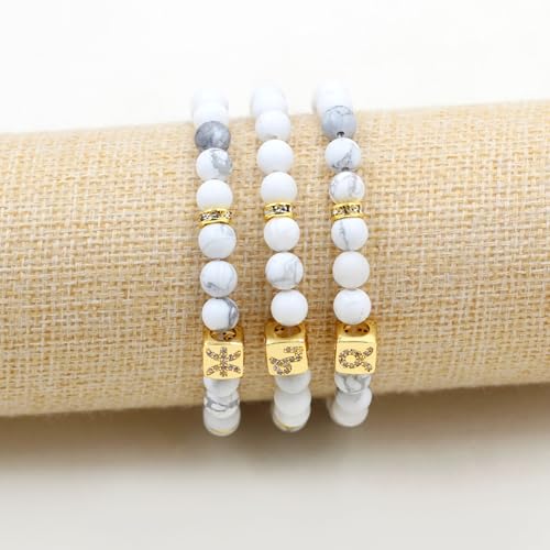 Image of Inlaid Zircon 12 Constellation Adjustable Stretch Bracelet - 6mm Frosted White Turquoise Beaded Bracelets for Women Men SJYA4647
