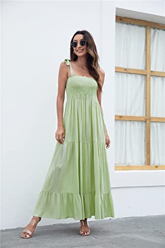 Image of kinstell Women's Summer Boho Spaghetti Strap Square Neck Ruffle Casual Flowy Long Dress Beach Swing Party Maxi Dress