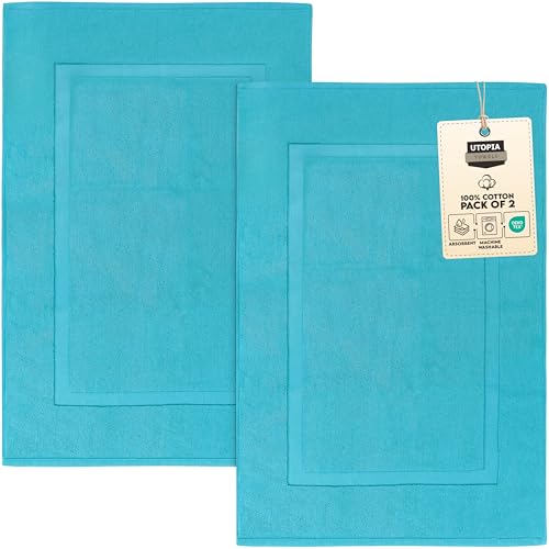 Utopia Towels Cotton Banded Rug, Bath Mats, Not a Bathroom Rug, 21 by 34 Inches, 100% Ring Spun Cotton, Highly Absorbent Shower Bathroom Floor Mat, Turquoise, 2 Pack