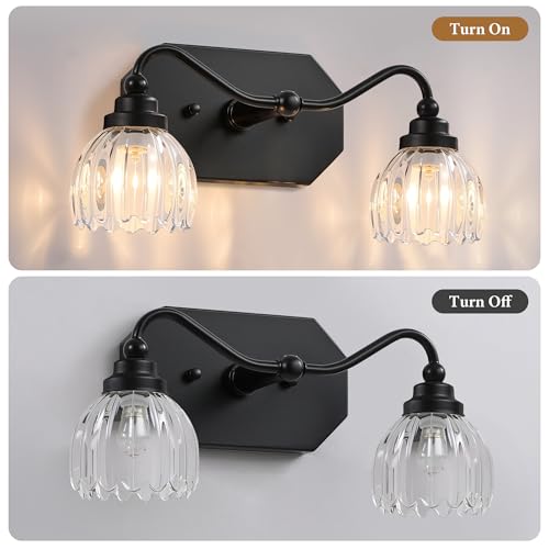 Image of Vintage Bathroom Light Fixtures, 2 Light Bathroom Vanity Light, Black Matte Antique Brass Finish with Crystal Glass Shade, Mid Century Wall Sconces for Bedroom, Living Room, Hallway