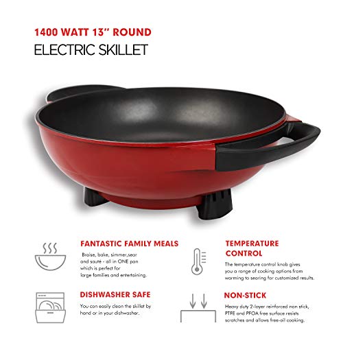 Caynel Nonstick Electric Skillet, 13 Inch Round Frying Pan, Aluminum Body with Glass Lid, Upgrade Adjustable Temperature Controller, Cool Touch Handles & Non-Stick | 1400W