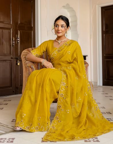 Image of SIRIL Women's Shimmer Chiffon Sequence Embroidery Saree With Unstitched Blouse Piece for Wedding and Parties