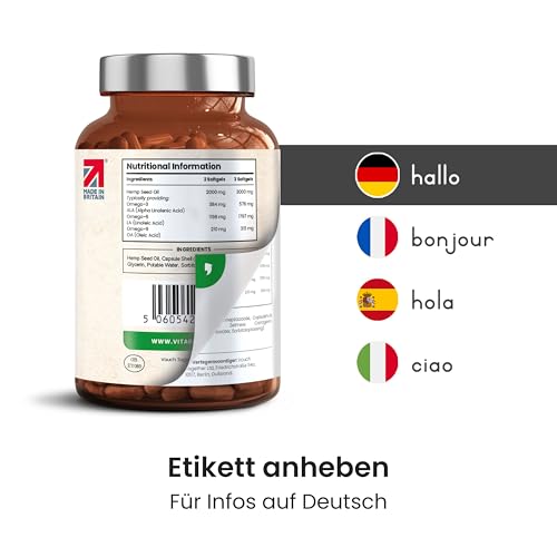 Hanföl Kapseln 2000 mg | Omega 3 6 9 Vegan | 210 Softgels | Kaltgepresstes Hanfsamenöl | 105 Portionen | Pflanzliche Omega-Alternative | VitaBright