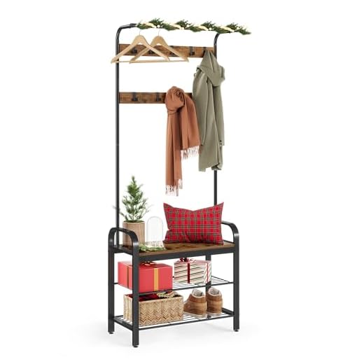 VASAGLE Garderobenständer, Garderobe, Schuhregal mit Sitzfläche, Kleiderständer mit 9 abnehmbaren Haken, Sitzbank, 2 Gitterablagen, 183 cm hoch, Industrie-Design, vintagebraun-schwarz HSR40B