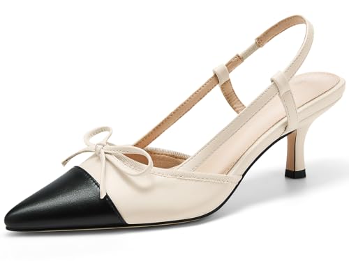 Coutgo Women‘s Bow Tie Slingback Pumps Pointed Toe Kitten Low Heel Patchwork Dress Heeled Sandals
