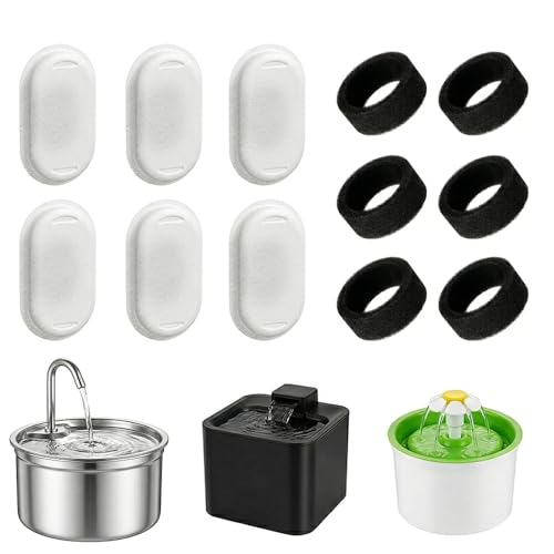 12Pcs Cat Water Fountain Filters Cat Fountain Filters Set 6 Activated Carbon and 6 Foam Filters Triple Filtration for 2L 3.2L Pet Water Dispenser