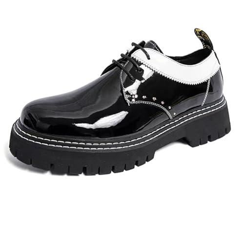 Mens Patent Leather Platform Oxford Shoes Classic Round Toe Lace Up Comfort Lug Sole Non-Slip Chunky Heel Bottom Business Work Dress Shoes