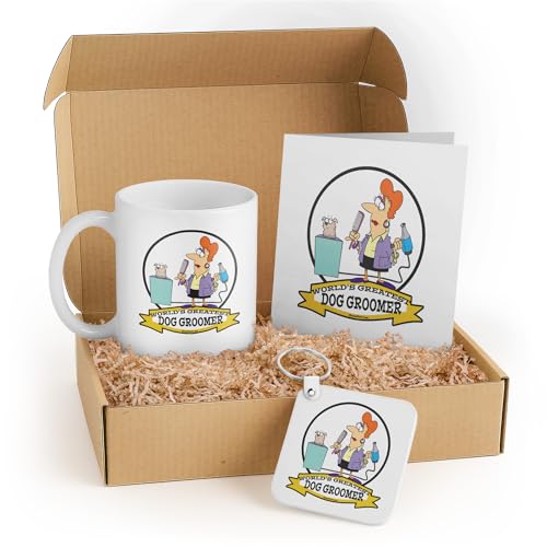 3dRose Dog Groomer Gift Set – Mug, Keychain, and Card with Cartoon Illustration – Perfect for Birthdays and Pet Lovers