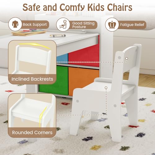Image of Costzon Kids Table and Chairs, 3-in-1 Wooden Art Drawing Desk Set (White) | Toddler Table w / 4 Fabric Bins, Multiple Open Storage Compartments & a Paper Roll for Painting, Writing, Reading, Craft