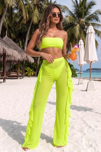 Image of Jumppmile Women's Ruffle Sheer Mesh Swimwear Bikini Cover Up Pants See Through