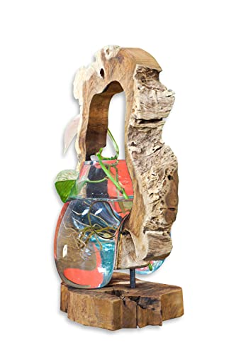 Kinaree Bol en Verre Fondu sur Bois de Racine - Vase en Verre ou Bol sur Bois de Teck (Disque d'Arbre 40 x 25 x 20 cm)