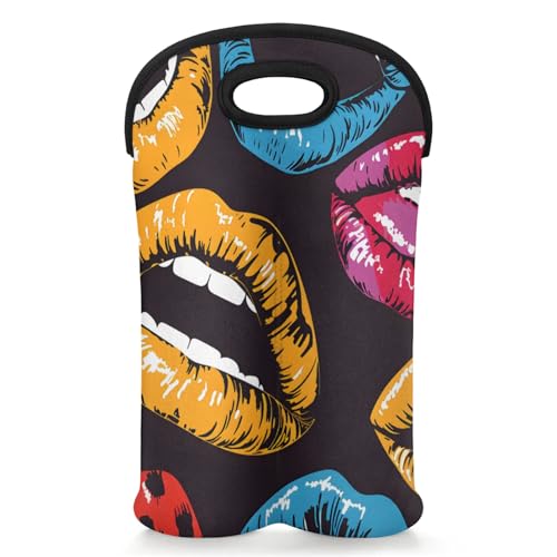 GzLeyigou 2 Bottles Colorful Lips Wine Bag Sleeve Totes Neoprene Protective Wine Carrier Bag for Wine,Water, Champagne, Beer, Baby Bottles,Gift 14.5 x 10 Inches