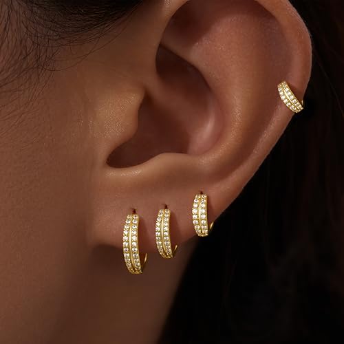 Image of Small Gold Huggie Hoop Earrings Set for Women Men Hypoallergenic 14K Plated Stack Cartilage Earrings, Sterling Silver Multiple Piercing Lightweight Mini Thin Cute Dainty Trendy Jewelry Gifts for Women