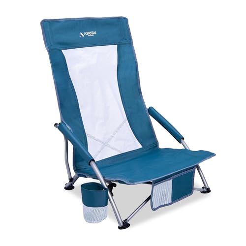 ARURU Low Beach Chairs for Adults High Back,Folding Portable Sling Beach Camping Chair with Cup Holder,Lightweight Foldable Camp Lawn Chair for Outdoor Sand Concert Travel Sport Events