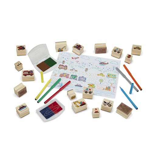Image of Melissa & Doug Deluxe Wooden Stamp and Coloring Set - Vehicles (30 Stamps, 6 Markers, 2 Durable 2-Color Stamp Pads)