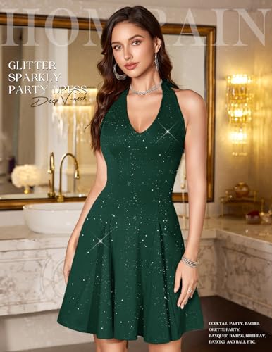 Image of HomRain Glitter Sparkle V Neck Cocktail Dress for Women 2026 A Line Backless Halter Sequin Homecoming Evening Party Dresses