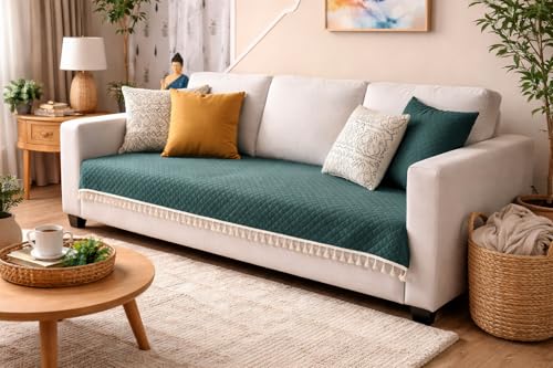 Image of 3-Seater Quilted Velvet Sofa Cover with Tassels | Geometric & Solid Color Design | Elegant Sofa Protector for Living Room | Soft, Washable & Stylish Home Decor (Dark Green)