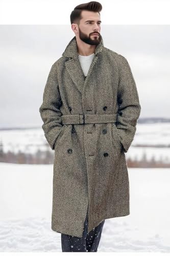 VENNYNG Men's Vintage Tweed Overcoat Belted Long Jacket Wide Herringbone Trench Coat Double Breasted Outwear Winter Autumn4