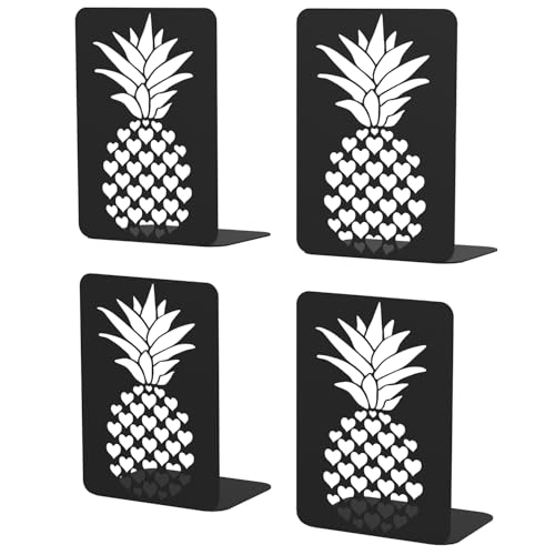 Decorative Metal Bookends for Heavy Books, Sturdy Bookends for Shelves, Cute Book Stoppers, Unique Pineapple Pattern Book Holds (2 Pairs, Black)