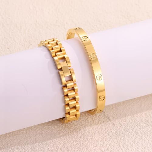 2Pcs 18K Gold Plated Stackable Love Bangle Bracelets for Women,Gold Chain Link Watch Bracelet Set,Non-Tarnish Stainless Steel Jewelry with Adjustable Tool.3