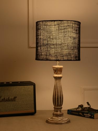 Image of Green Girgit Athens Wooden Lamp in Distress White Color with Jute Black Shade, Vintage Style Table Lamp, Distressed Wood Base, Black Linen Shade, Farmhouse Decor (LED Bulb Included)