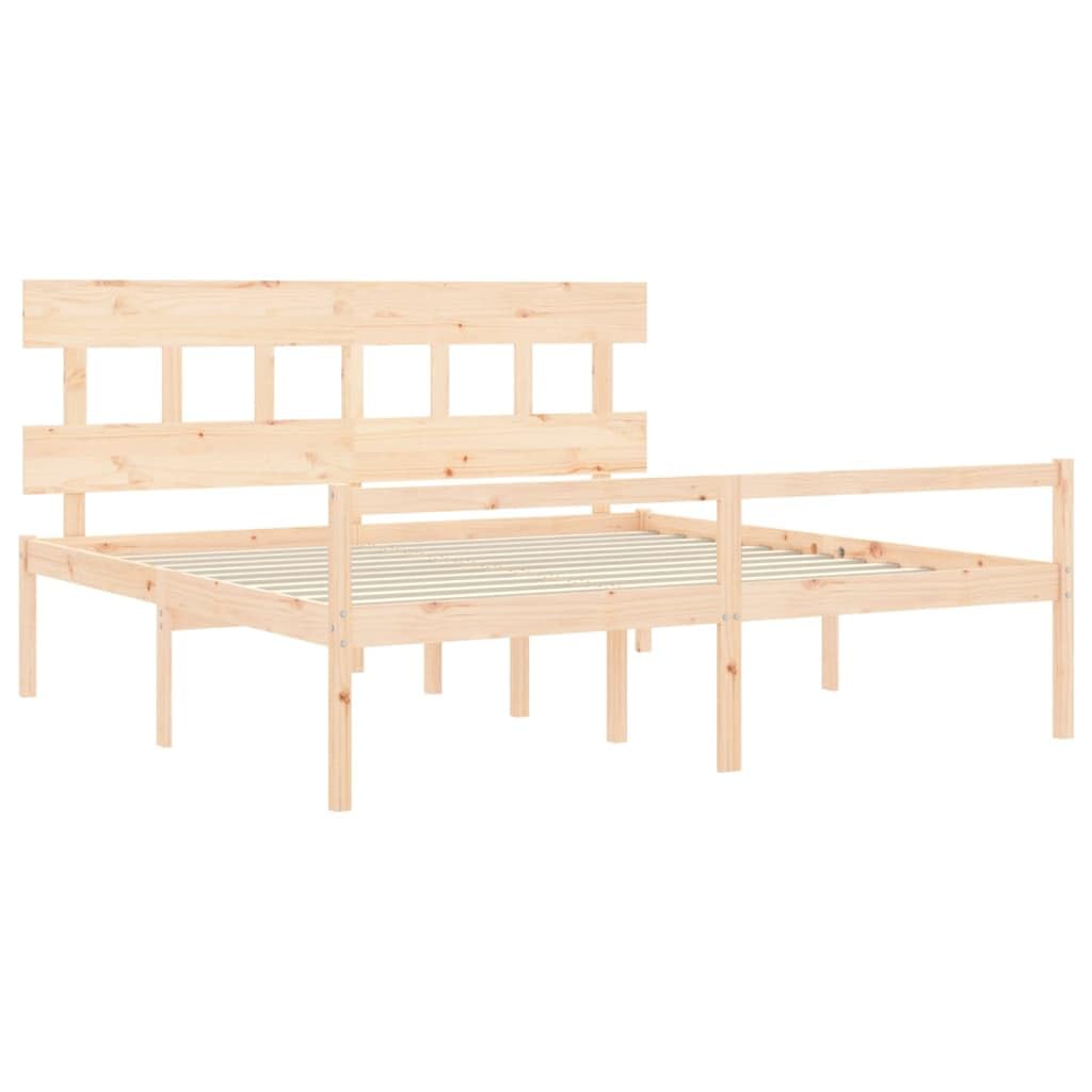 Lite drewno sosnowe z podwyższonym wezgłowiem 45 cm Brąz 200 x 200 cm | Łóżko dla seniora 200x200 z zagłówkiem, lite drewno sosnowe, rama 45 cm, przechowywanie pod łóżkiem