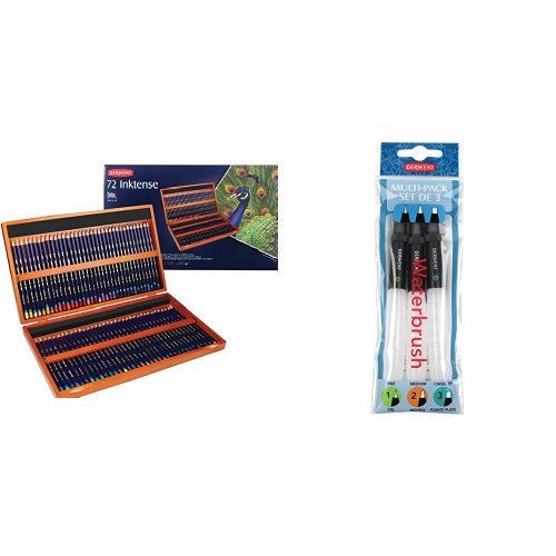 Derwent Inktense Watercolour Pencils Wooden Box (Set of 72) with Derwent Waterbrush Multi-Pack (Pack of 3)