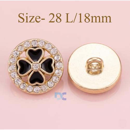 Image of Pack of 6 Round Black Clover Flower Rhinestones with Golden Finish Buttons Diameter 18 mm,(28 L) Shank for Garment Clothing Accessories Fit Sewing Scrapbooking Garment DIY Decoration