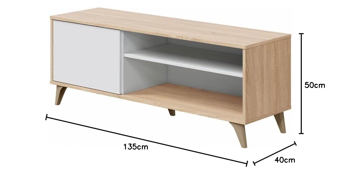 Habitdesign Modulo TV con Estante, Mueble de Salon, Juego de Muebles, Modelo Kikua Plus, Acabado en Blanco Artik y Roble Canadian, Medidas: 135 cm (Ancho) x 50 cm (Alto) 40 cm (Fondo)