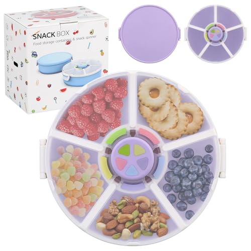 Image of Pawtong 2 Pack Kids Snack Rotator Container Reusable Snack Box with 5 Compartment Dispenser and Lid, BPA Free, for Toddlers, Babies, School, Travel (1 Functional Version,1 Basic Version-Purple)