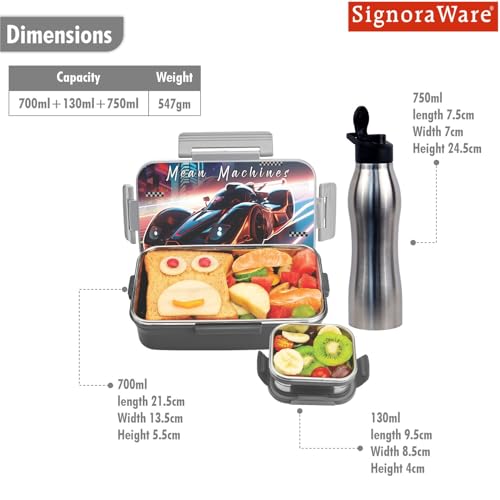 Image of SIGNORA WARE Delight C Nugget Stainless Steel Printed Lunch Box Set for Kids | Airtight Lid with Clip Lock | Compact & Sleek Size | Great for Picnics & Outdoors (700ml + 130ml + 750ml Bottle | Grey)