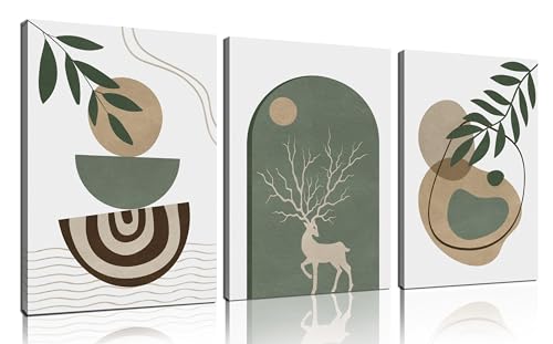 Image of Boho Sun Canvas Wall Art Set of 3, Neutral Abstract Minimalismt Bohemian Geometric & Botanical Plants Pictures Prints Artwork Paintings Wall Decor for Bedroom Living Room Home Decoration 12x16 inches