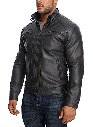 HOOD CREW Men’s Stand Collar Leather Jacket Casual Faux Leather Motorcycle Jacket Outerwear Coat with Zipper Pockets3