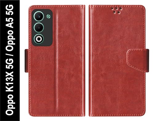 Image of SBMS Flip Cover for Oppo K13x 5G / Oppo A5 5G 6.67 inch Back Cover Case with Magnatic Closure | Inbuilt Stand | Card & Money Pocket (Brown)