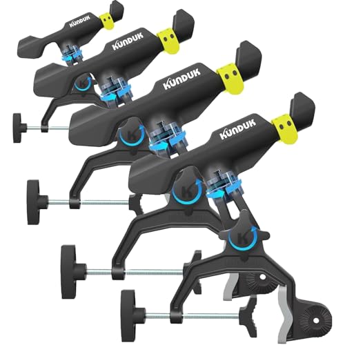 Upgraded Fishing Rod Holder with Button-Lock 360 Dual Rotation Universal Silicone Strap & Enlarged V-Clamp Fits Round/Square Tubes Secure Adjustable Boat Fishing Gear for All Rod Sizes4pack