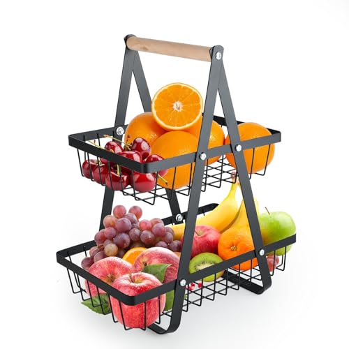 QinOustore Frutero con 2 niveles,Cesta de Cocina para Frutas y Verduras,estantería esquinera, almacenamiento de pie,para pan, verduras, aperitivos,Negro
