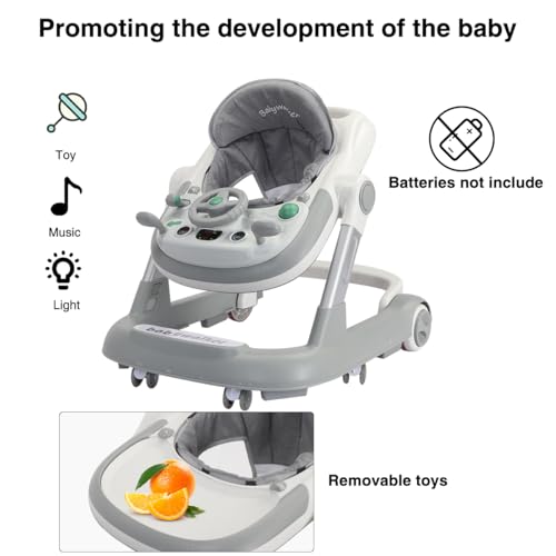 UBRAVOO 2 in 1 Baby Walker, Toddler Baby Push Walker with Removable Feeding Tray and Music Tray(Without Battery), Foldable Activity Walker for 6-18 Months Boys and Girls-Grey - Image 4