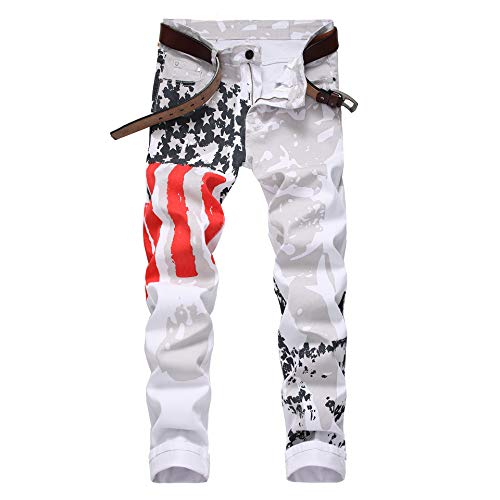PRIZED American Flag Printed Mens Jeans High Stretch Straight Fit Slim Skinny White Jeans Pants for Men