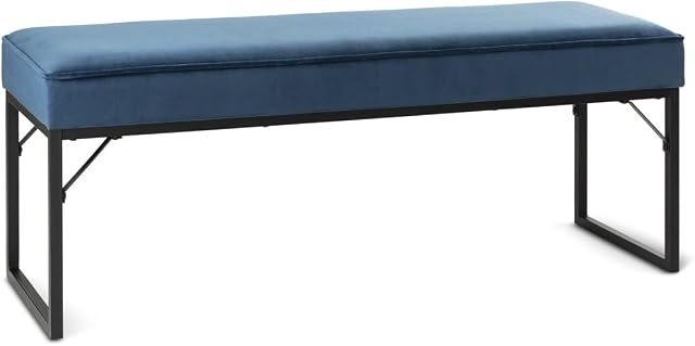 LIFA LIVING Upholstered Blue Bench for 2 Persons, Large Velvet Ottoman 120x40x45 cm, Dining and Bedroom Bench Seat, Metal Wooden & Velvet Indoor Bench, 100 kg Capacity