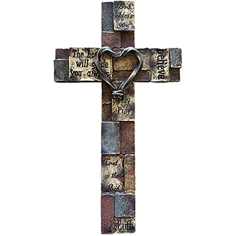 Rainbow Wholesale Wall Cross with Inspirational Sayings, Faux Stone Texture with Faux Iron Heart in Center - Bible Verse Cover