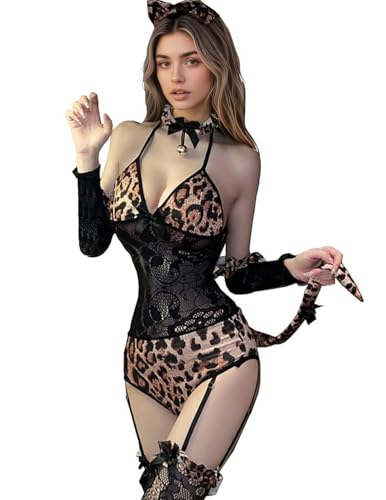 Bodystocking résille halter léopard 5 pièces extensible XS-XL