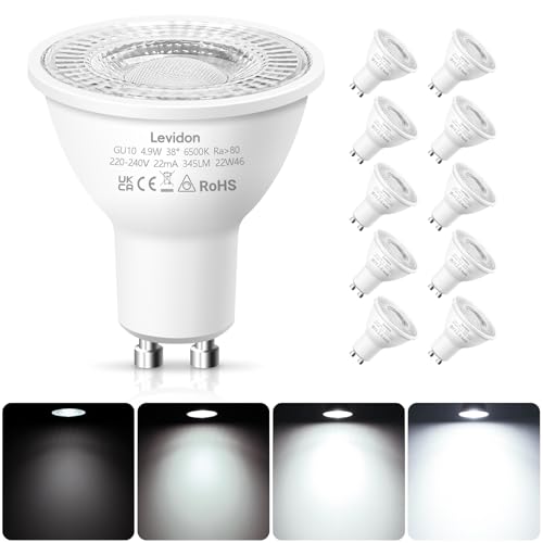 Levidon GU10 LED Bulbs Dimmable 4.9W LED GU10 Bulbs Dimmable Cool White 6500K 50W Halogen Spotlight Equivalent 220-240V 38 Beam Angle Energy Saving - Pack of 10