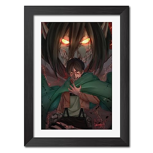 Image of TenorArts Eren Yeager Photo Frame Attack on Titan Anime Laminated Poster Framed Painting with Matt Finish Black Textures (12inches x 9inches)