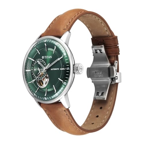 Image of Titan Orbital Open Heart Automatic Analog with Green Dial Brown Leather Strap Watch for Men - 90226SL01