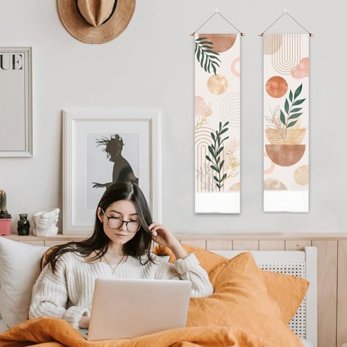 Miniatura 7 de Pligreat Paquete De 2 Tapices Bohemios Con Borlas, 132 X 33 Cm, Diseño De Plantas Estéticas Para Colgar En La Pared, Abstracto, Vertical, Para Dormitorio, Sala De Estar, Baño, Decoración Artística