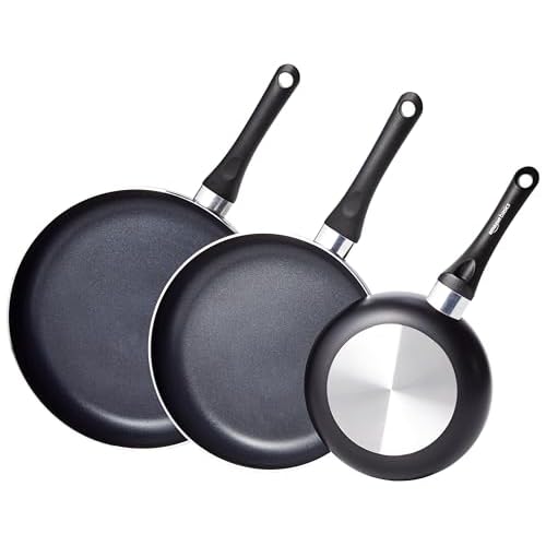 Amazon Basics Non Stick 3-Piece Kitchen Cookware Set, Includes 8-inch, 10-inch, 12-inch Pan, Black