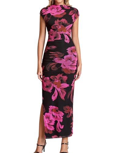 Image of HTZMO Floral Wedding Guest Ruched Bodycon Maxi Dress for Women | Cap Sleeve Slit Long Dresses, Fall Formal Cocktail Party Elegant Modest Bride Shower, Stretchy Mesh Fabric, Winter 2026